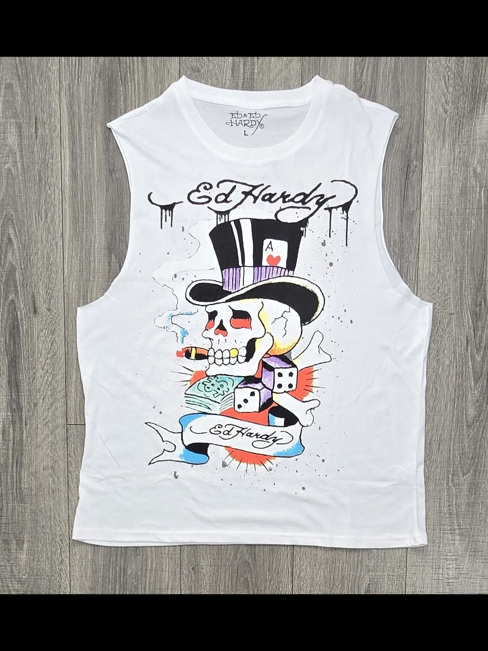 Ed Hardy White Tank Top with Colorful Skull & Top Hat Graphic